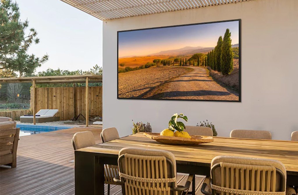 Samsung The Terrace outdoor TV mounted on patio wall